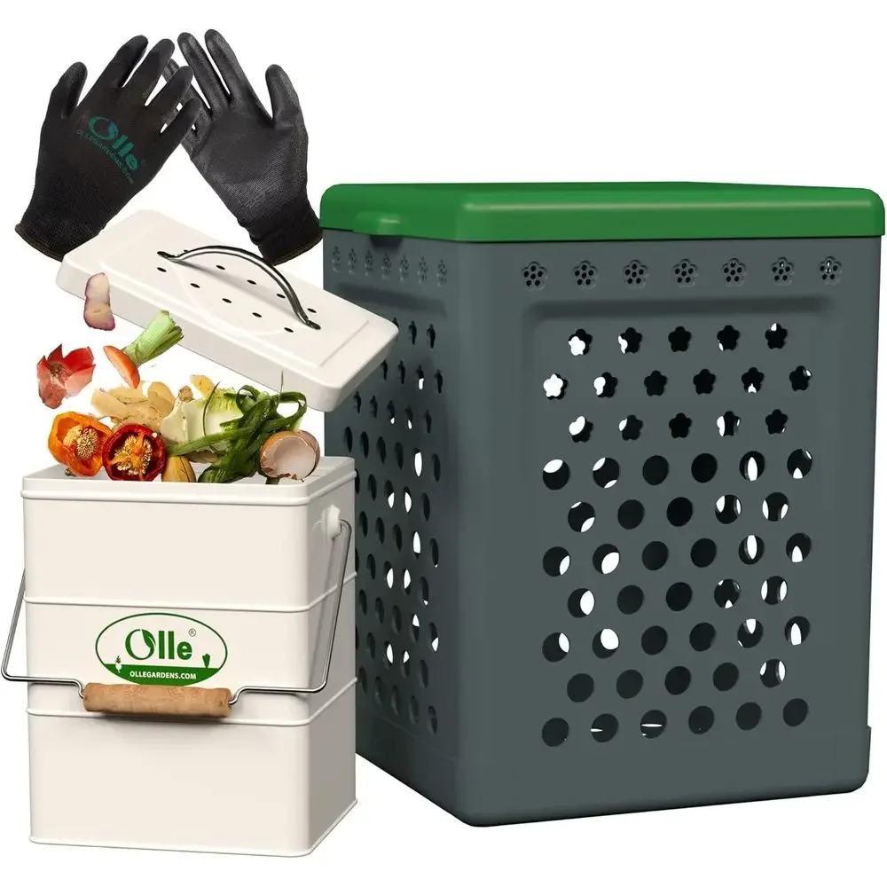 1-Gallon Kitchen Compost Bin with 8-Gallon Worm Bin, Garden Gloves, and Jute Blanket - Compact Indoor Outdoor Composting System
