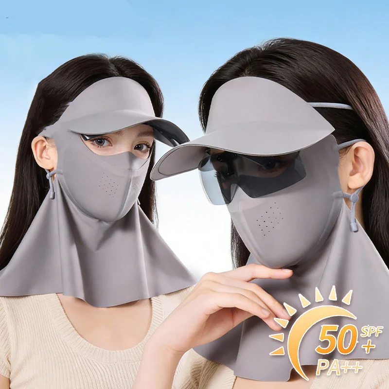 Full Face Sunscreen Mask Face Gini Women's UV Protection Summer Ice Silk Cycling Sun Hat Mask Neck Protection Integrated