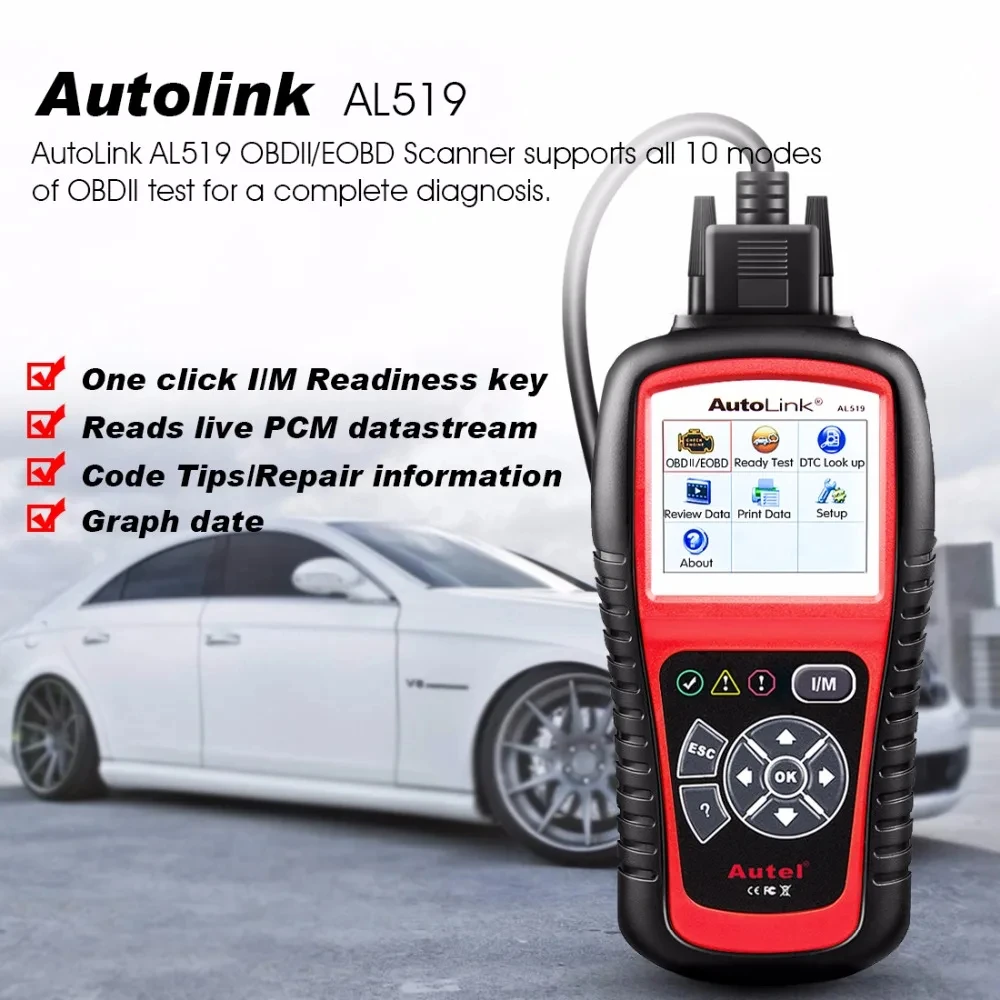 Autel AutoLink AL519 Vehicle OBDII/EOBD Code Reader One-Click I/M Readiness Key, Turns off Check Engine Light