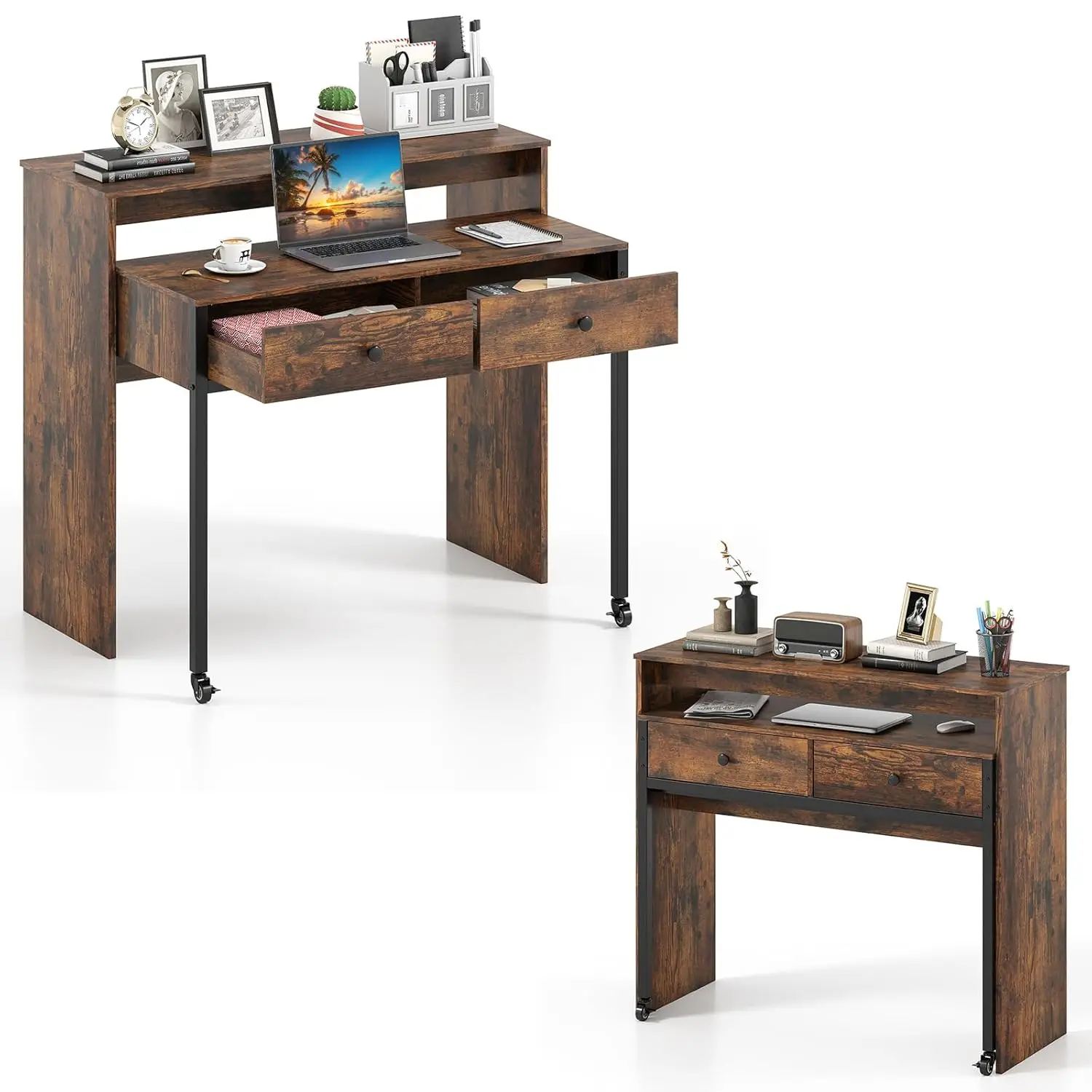

Small Computer Desk with Hutch Drawers Pull-Out Table Monitor Stand Wheels Compact Rustic Brown, Customized