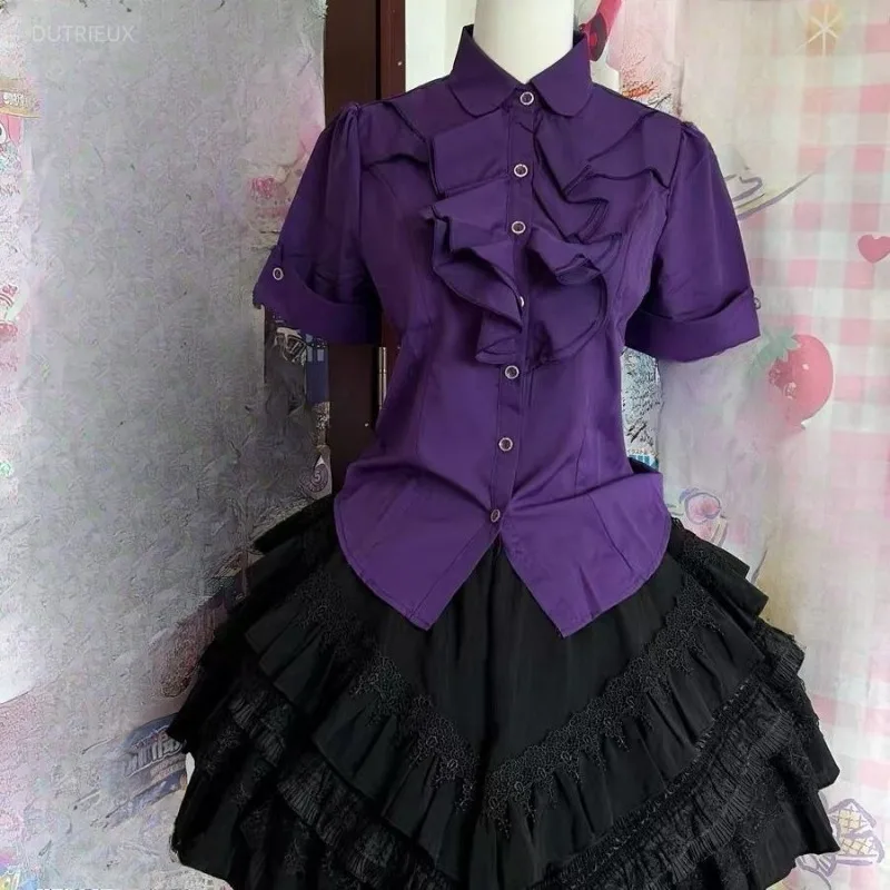 Y2k Clothes Japanese Style Short Blouses Ruffles Vintage Solid Spring Summer Women Shirts Girls Elegant Blusas Mujer