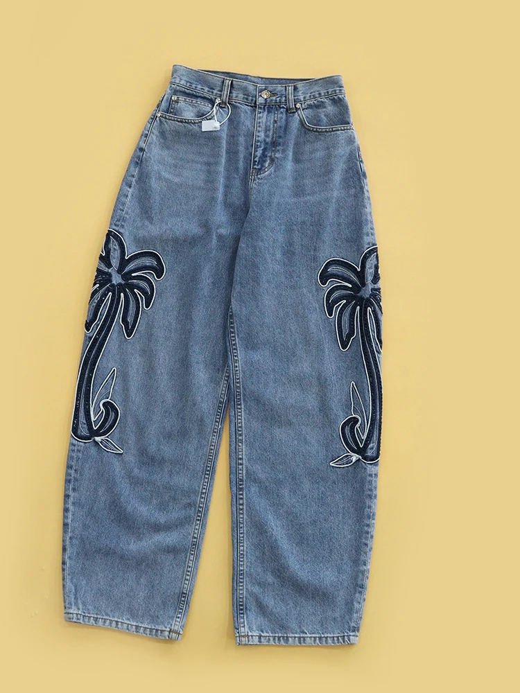 High Waist Wide Leg Cotton Denim Pants Embroidered Coconuts Tree Design Spring Summer Vacation Style Women's Premium Jeans