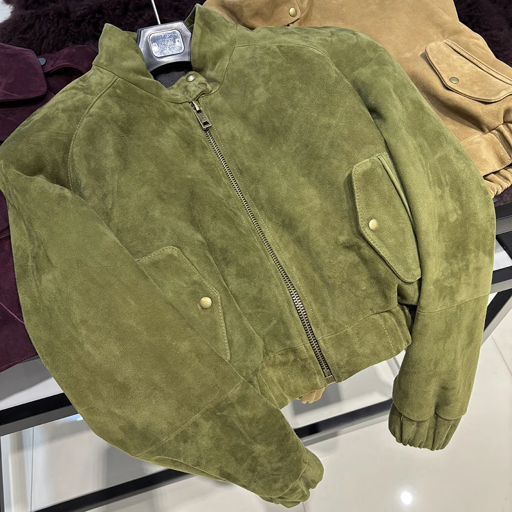 YOLOAgain Suede Leather Jacket Coat Women Real Leather Cropped Jacket Bomber Jacket