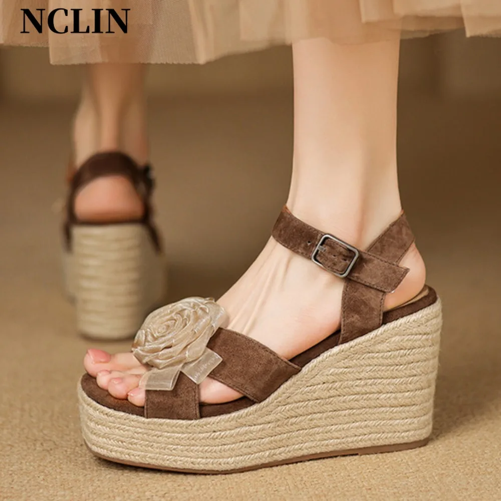 

High Platform Wedges Party Sandals Women Flower Decor Ankle Strap One-strap Genuine Leather Summer Shoes Zapatos Mujer