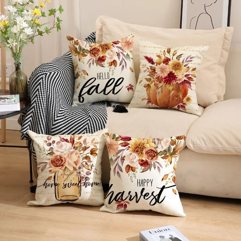 

Fall Pumpkins Pillow Covers 45x45cm Set of 4,Farmhouse Autumn Thanksgiving Decor for Couch Home Decorations