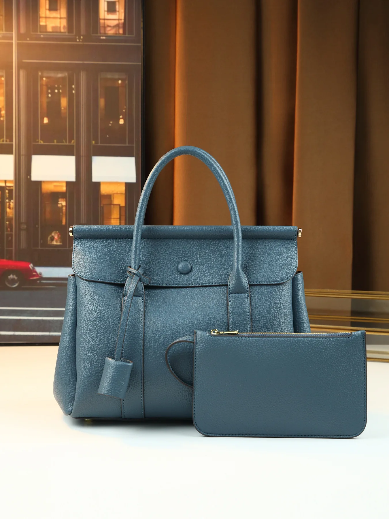 Summer New Haze Blue Litchi Grain Top Handle Bag, Large Capacity 2Pcs Set Commute Shoulder Crossbody Tote Bag for Women