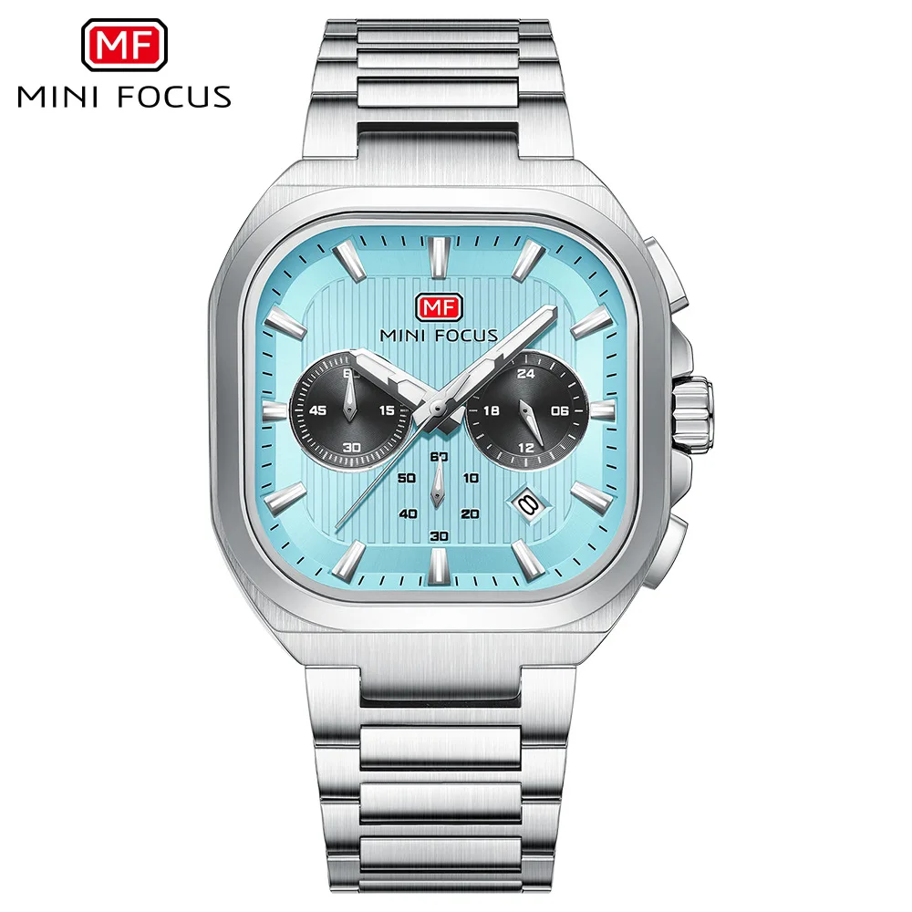 MINI FOCUS NEW Men Square Chronograph Watch Ice Blue Dial Stainless Steel Band Waterproof Sport Casual Male Quartz Wristwatch