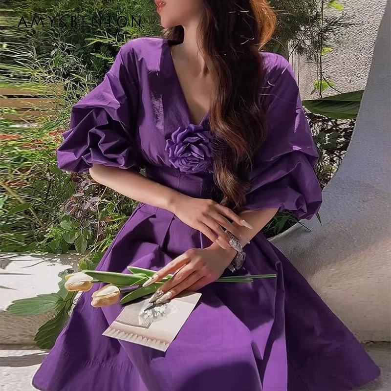 French Style Vestidos High-End Three-Dimensional Flower Decoration Waist Slimming Dress Summer Women's New Slim Fit Cute Dresses