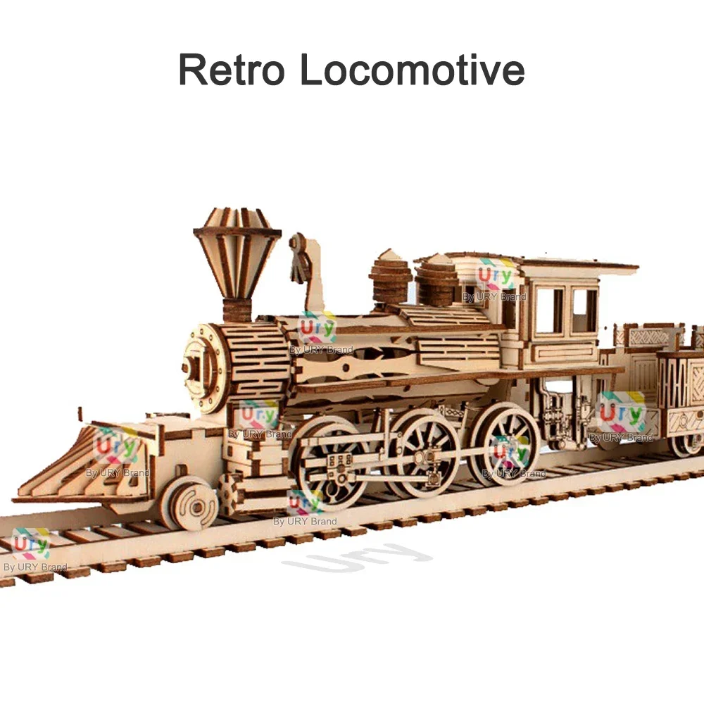 Ury 3D ปริศนาไม้ Retro รถไฟไอน้ําพร้อมรางรถไฟสะพาน Handmade ประกอบรถบรรทุกรุ่น DIY ของเล่นตกแต่งของขวัญสําหรับเด็ก