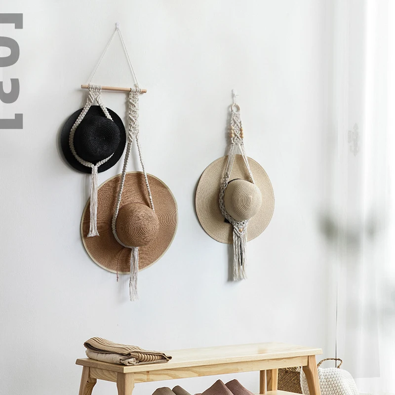 Bohemia Boho Cotton Rope Hanging Hat Display Rack Storage Cap Holder Organizer Scarf Hanger Macrame Tapestry Home Wall Decor