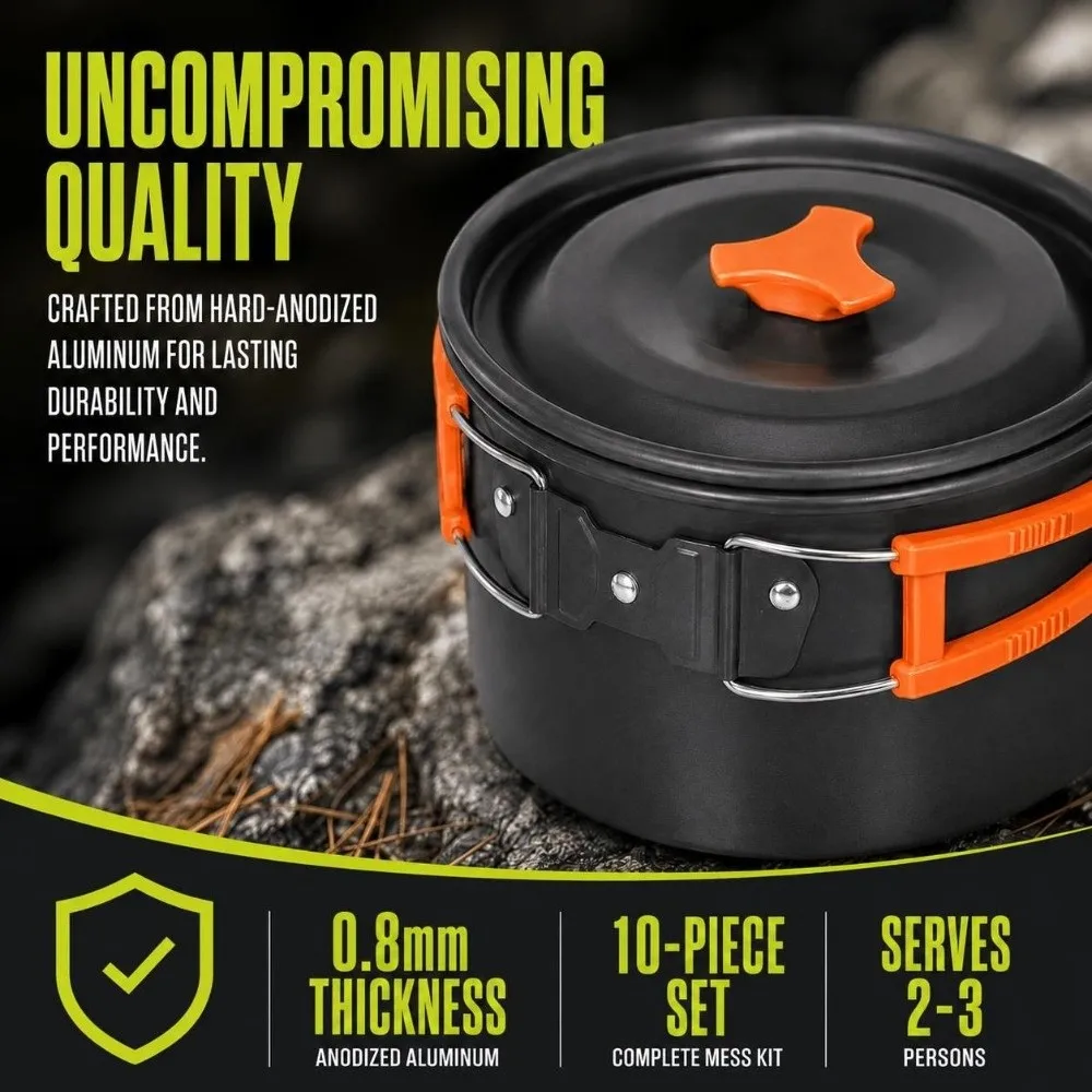 10 Pcs Stackable Cookware Set Compact Aluminum Alloy Cooking Gear Storage Bag Included Stainless Steel Camping Mess Kit Picnic