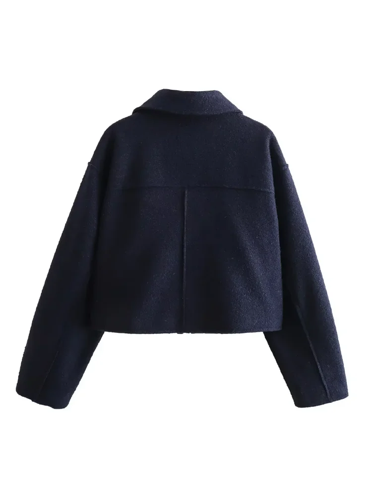 Vintage Women Navy Blue Jacket 2024 Fashion Spring Autumn Ladies Casual Commute Jacket Female Zipper Pocket Jacket