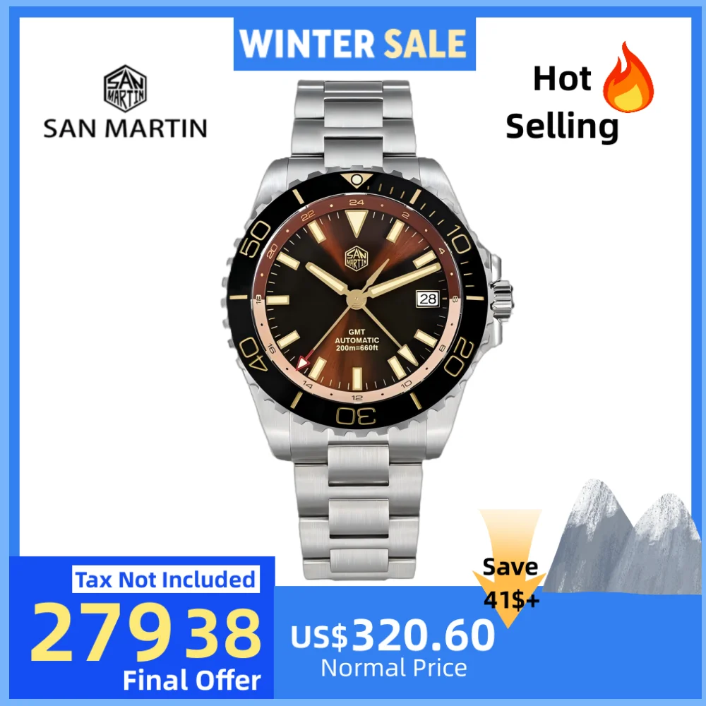 

San Martin 39mm Retro Enamel Sunray Dark Brown Dial Men Automatic NH34 GMT Watch 20Bar Wristwatch SLN C3 Green Lume Dive SN0136