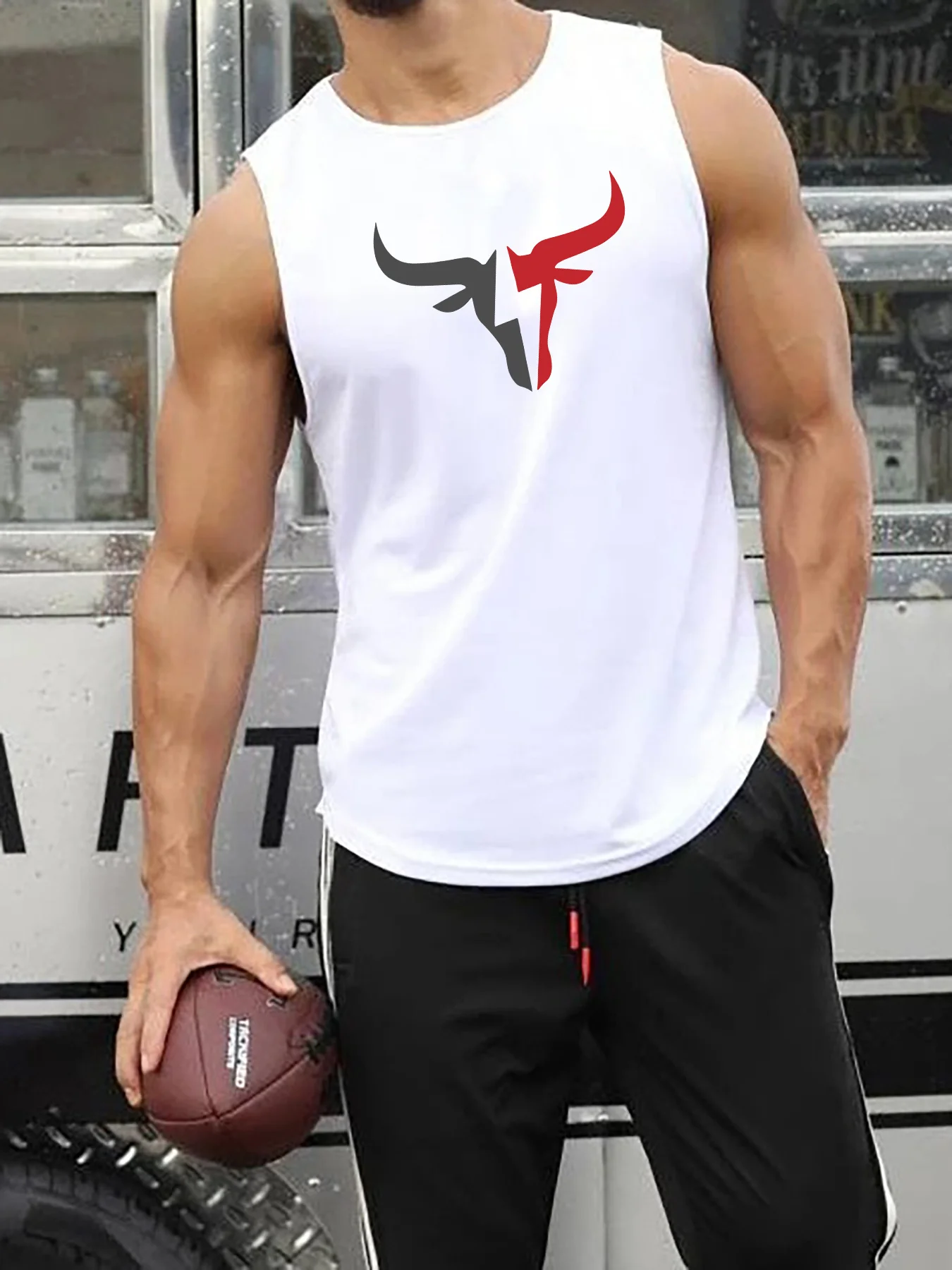 Men's Gym Tank Top Bull Print Sleeveless T-shirt Casual Workout Fitness Muscle Tee