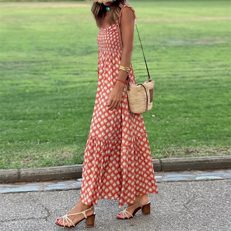 Women Vintage Fashion Print Ruffle Strap Elegant Long Dresses 2024 Summer Sleeveless Slim Boho Holiday Beach Maxi Dress Vestidos