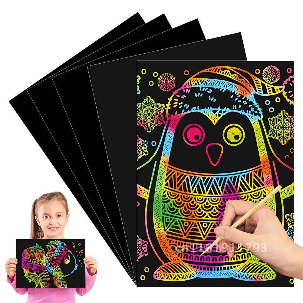 

5 Pieces Arts And Crafts For Kids 25.8x18cm Scratch Art Rainbow Scratch Paper Black Magic Scratch Art Notes Paper Boards