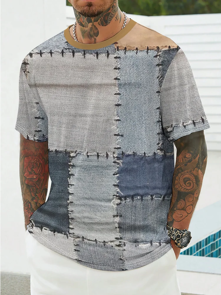 Vintage 3D Print Block splicing pattern Men's short Sleeve T-shirt Casual Crew Neck t shirt Tops Tees Fashion  Men Clothing