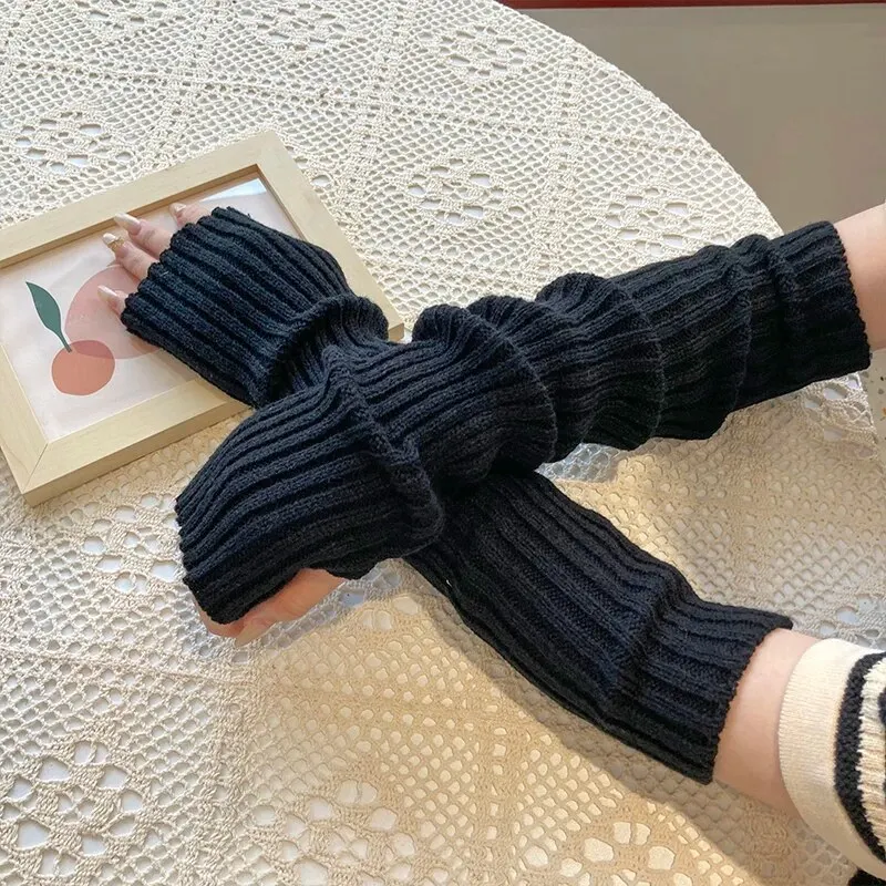 Y2K Fingerless Mittens Women Knitted Gloves Cosplay Anime Gloves Winter Arm Warmers Punk Gothic Harajuku Knit Mitten Arm Sleeves