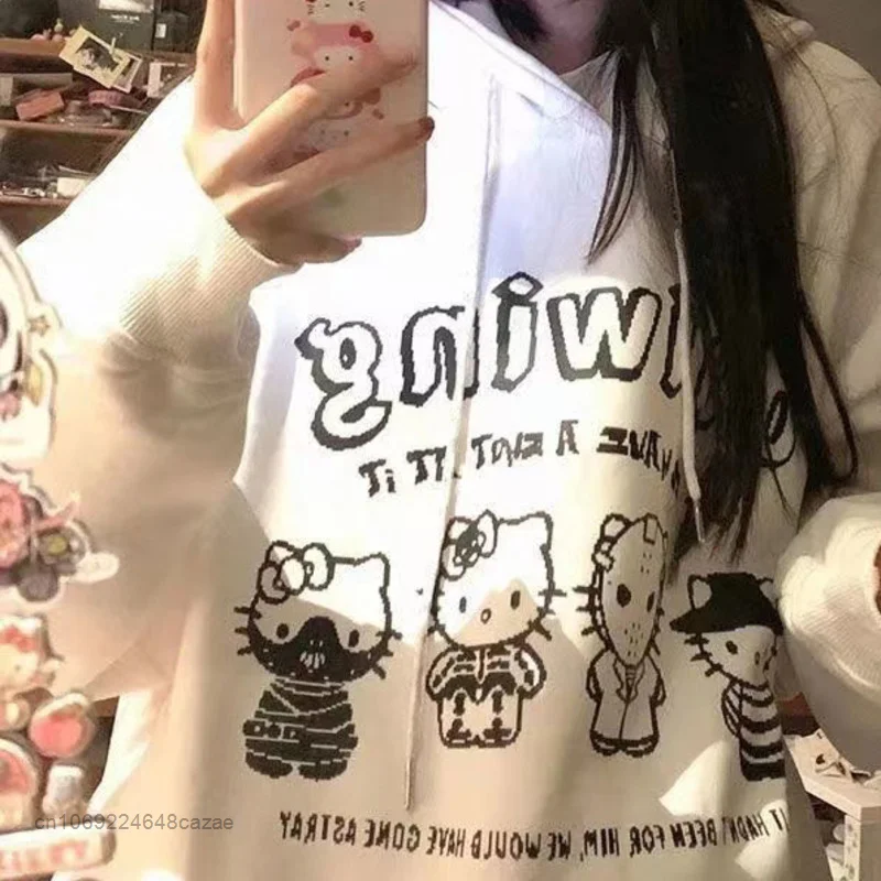 Sanrio Hello Kitty kapüşonlu süveter Harajuku yüksek sokak Graffiti öğrenci Hoodie Y2k kadınlar için moda sevimli karikatür baskı ceket