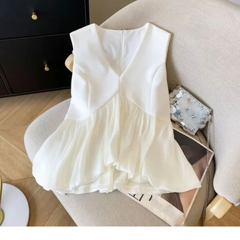 2025 여름 신상 여성 패션 블랙 화이트 패치워크 베스트, 슬림핏 민소매 화이트 탑, Y2K 스타일