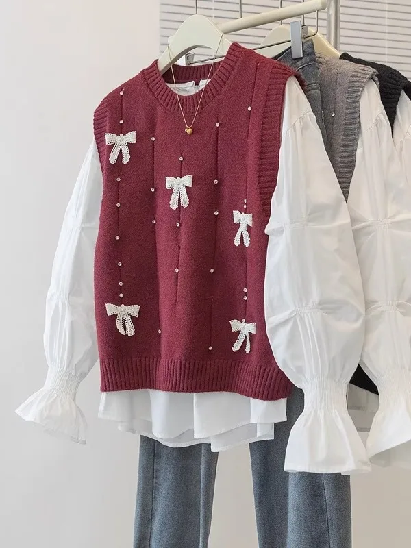 

Red Knitted Knot irt Set for Women plus Size Autumn Winter Slimming Korean Sle Loose Fit Casual Color