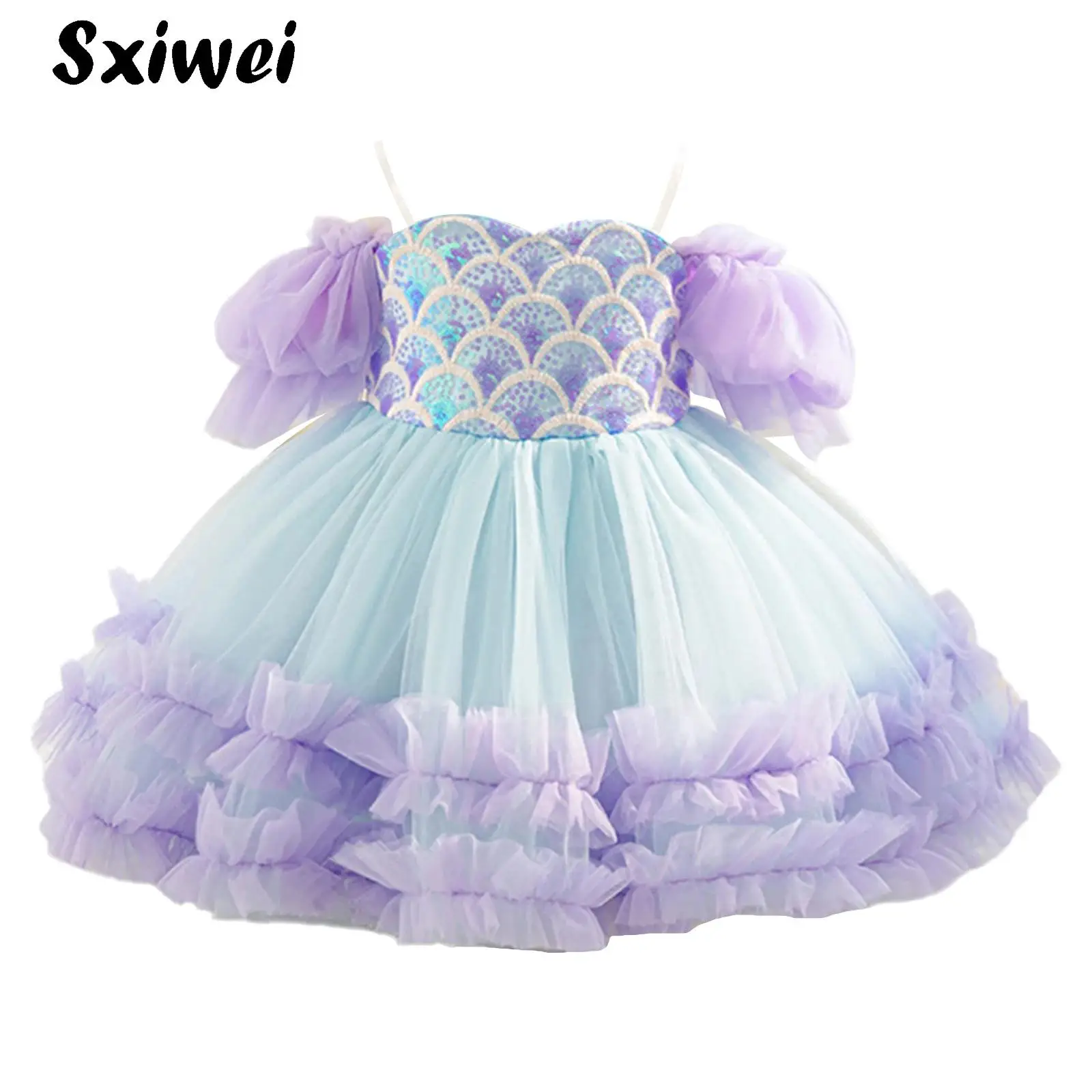

Princess Mermaid Dress Off Shoulder Puff-sleeve Fish Scale Sequins Tutu Dress Children Birthday Party Mermaid Cosplay Dress Up