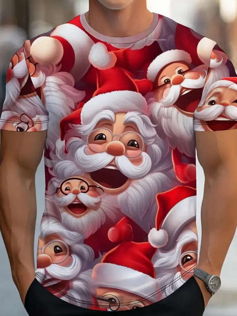 Christmas Element Graphic Tee T-Shirt Cute Santa Claus Pattern Printed Short Sleeve Tee Holiday Casual Comfortable Men Clothes