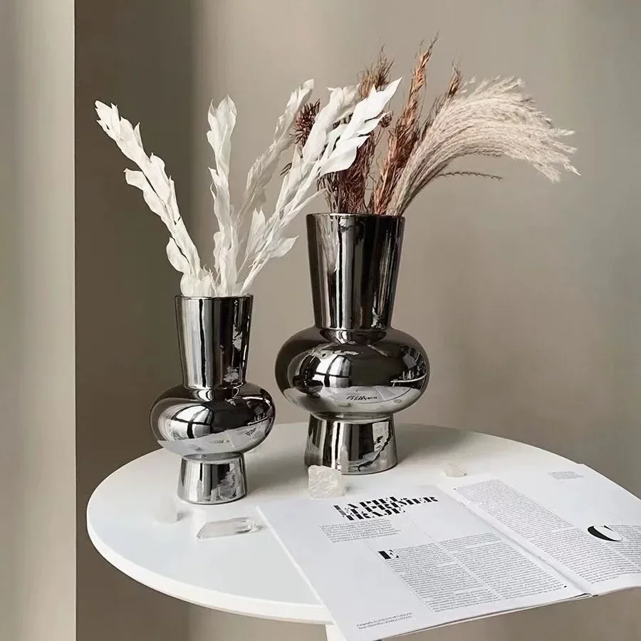 Silver Mirror Flower Vase Geometric Block Silver Plated Ceramic Vase Floral Arrangement Accessories Home Decoration