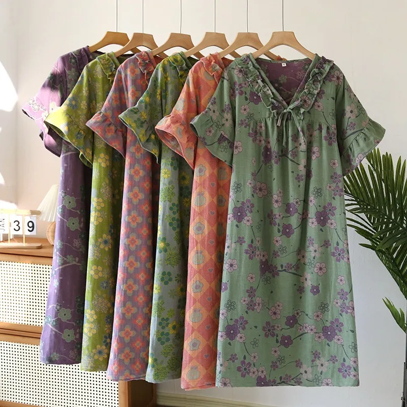 Floral Printing Nightdress Nightgown 100% Cotton Women One Piece Home Dress Summer New Thin Sleepwear Nightwear Loose Nighty