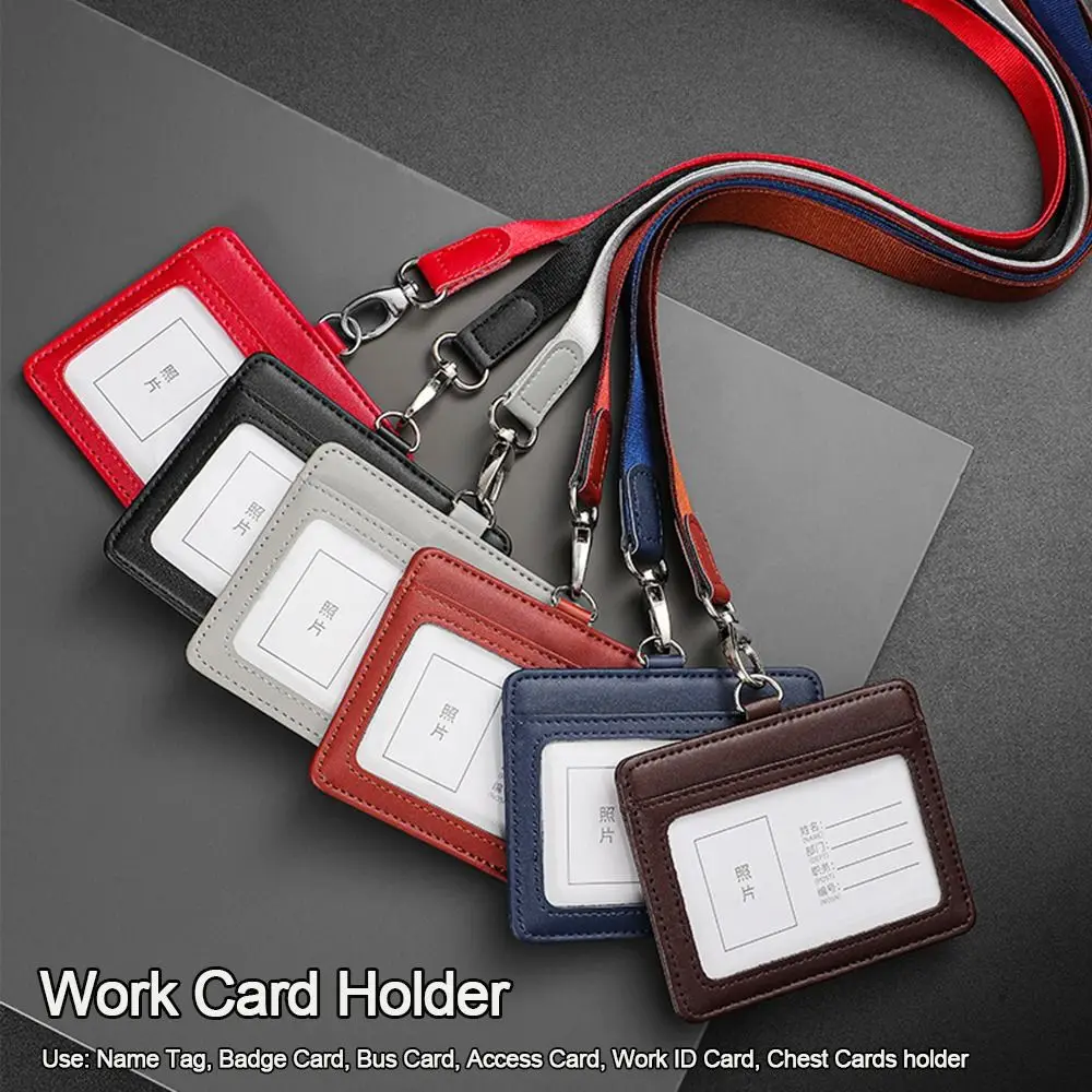 

High Quality Genuine Leather Work Card Holder With Neck Lanyard Solid Color ID Badge Holders Office Worker Supplies Business