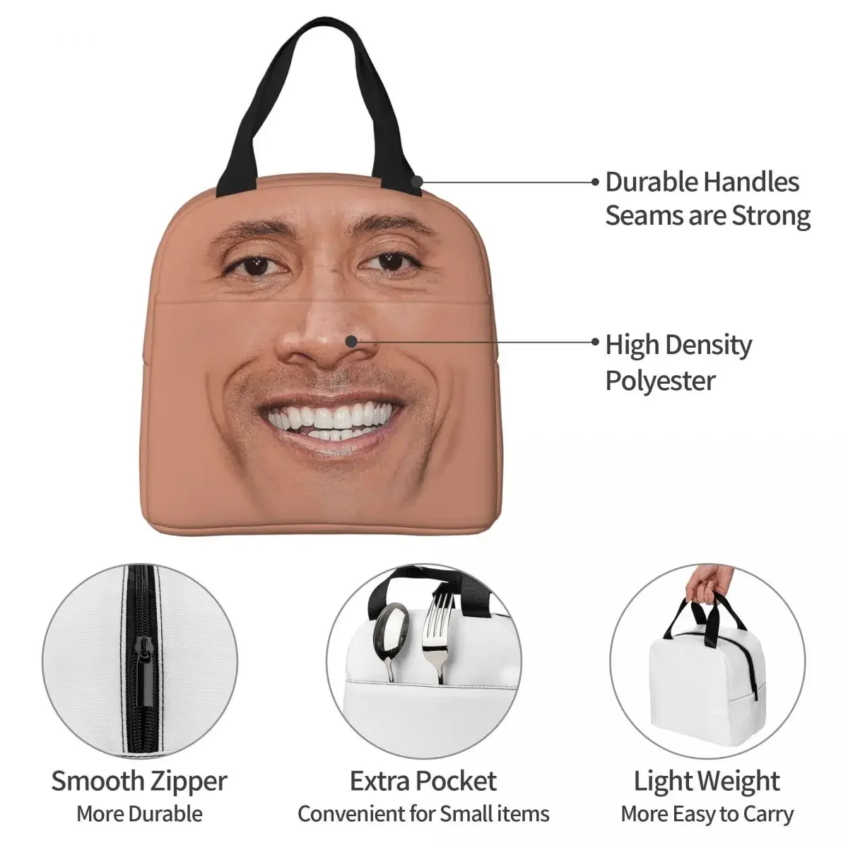 The Rock Face Insulated Lunch Bag Thermal Bag Reusable Dwayne American Actor Johnson High Capacity Lunch Box Tote Girl Boy Beach