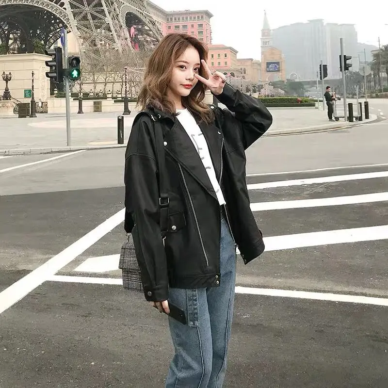 Leather Jacket Women Lapel Biker Jacket Zipper Long Sleeve PU Leather Coat Streetwear Korean Chic Short Tops Loose New