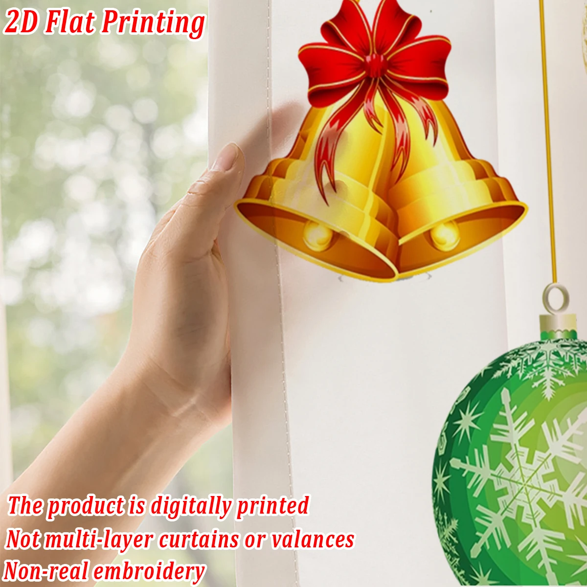 Christmas Flat Printing Sheer Curtain with Christmas Ball Garland Bell Pine Branches for Living Room Bedroom Decor Holiday Party