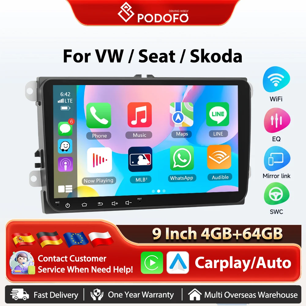 Autoradio Podofo 9'' con Carplay Wireless e Android Auto per VW, Navigazione GPS, BT, FM/RDS, 2din, Sistemi Intelligenti per Auto, Unità Principale Plug&Play, SWC, Stereo Multimediale per Auto, Wifi,
