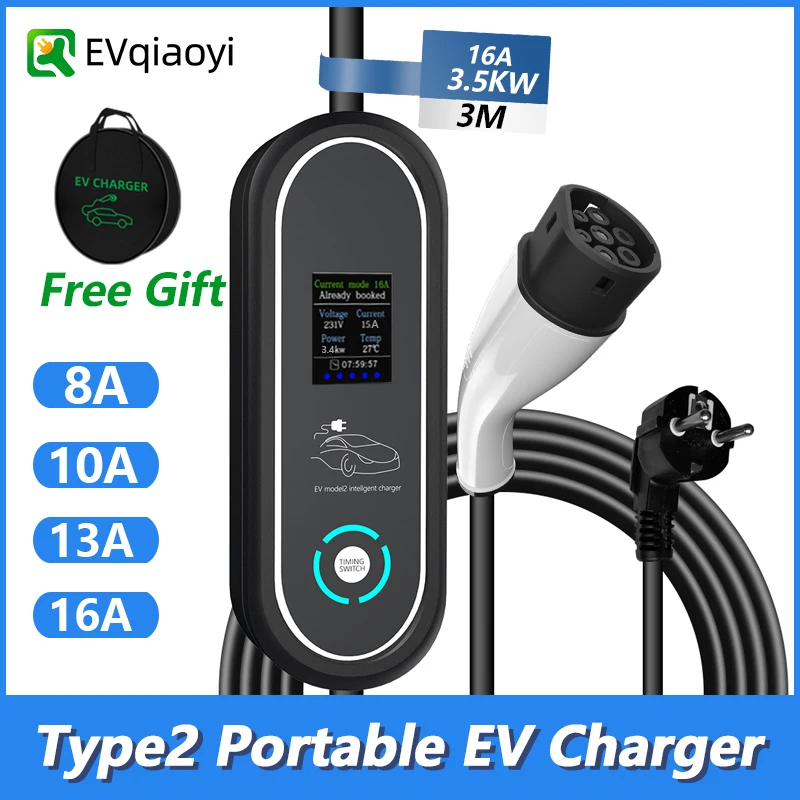 

EVqiaoyi Type 2 Portable EV Charger 16A Single Phase Adjustable Current 3.5kW 3M Cable Wall-Mount Charging Station