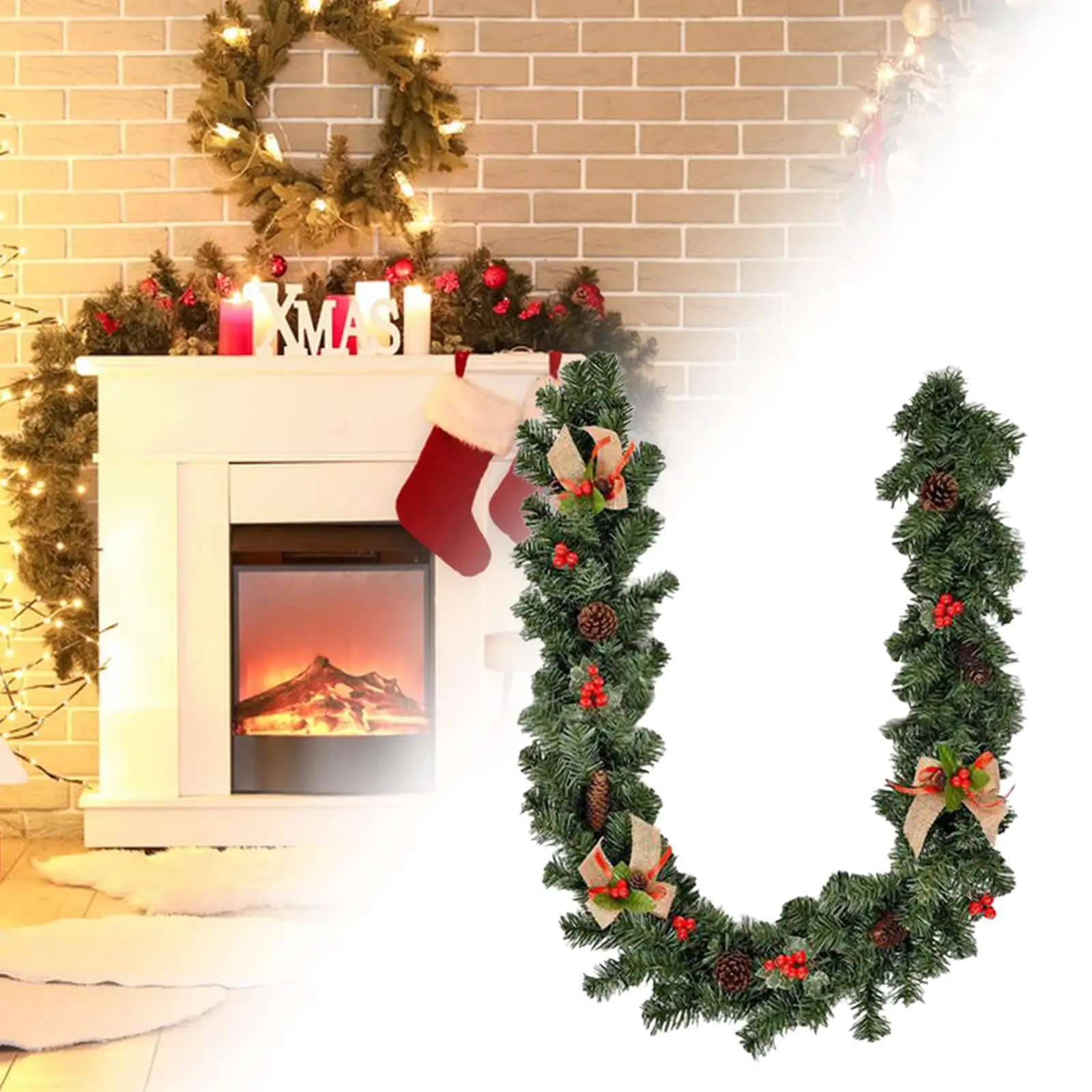 

Artificial Christmas Garland 5.9 Feet Long Decorated with Pinecones, Berries Clusters for Fireplace Stairs Railing Staircase