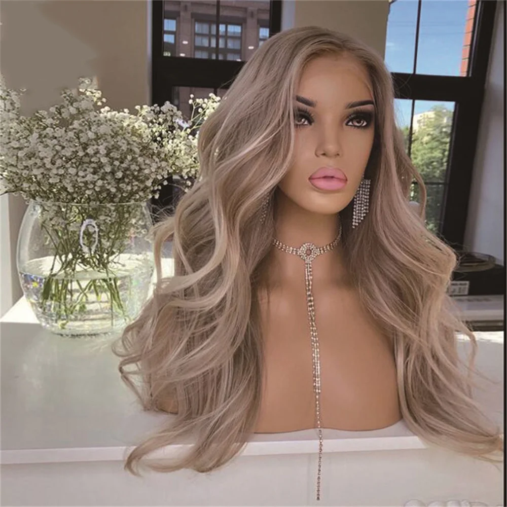 

Wear and Go Glueless Body Wave Wig Synthetic Lace Front Wig Pre Plucked Lace Wig for Beginners Ash Blonde with Brown Roots