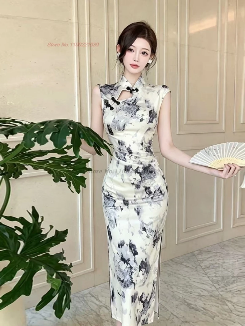 

2026 chinese vintage dress improved cheongsam national flower print sleeveless qipao dress nightclub dress banquet evening dress