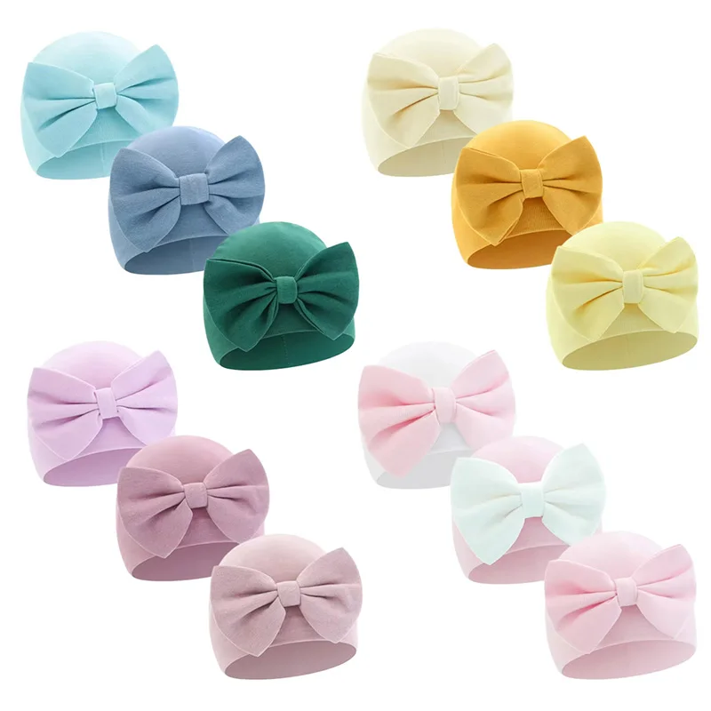 3 unids/lote sombrero de bebé con lazos grandes para niñas gorro de algodón suave para recién nacidos sombreros de primavera accesorios para recién nacidos regalos de ducha infantil 0-6M