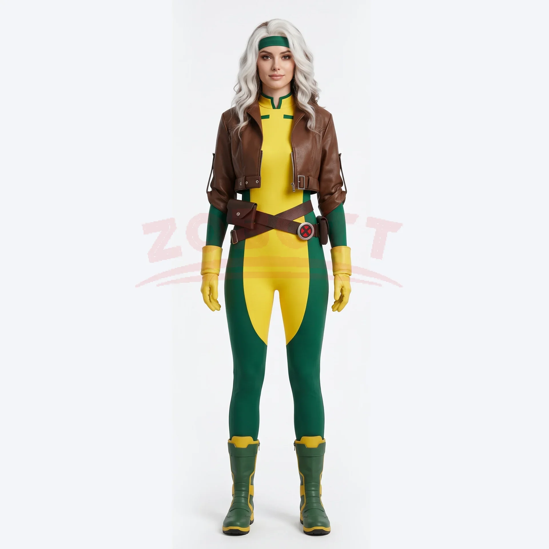 X-Men Rogue Cosplay Costume Adult Women Superhero Bodysuit Yellow Jumpsuit Brown Jacket Halloween Carnival Comic Con Outfit view 5
