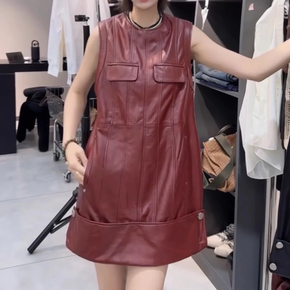 

Ladies' round Ne Svel A-Line Dr Medium Length eepskin Vest Dr Korean Sle Commute Soft Leather Autumn Winter