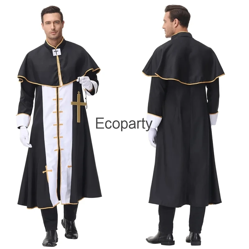 Novo traje de pastor religioso de Halloween para homens e mulheres, freira medieval, padre, fantasias de bispo, festa adulta de Purim, fantasia