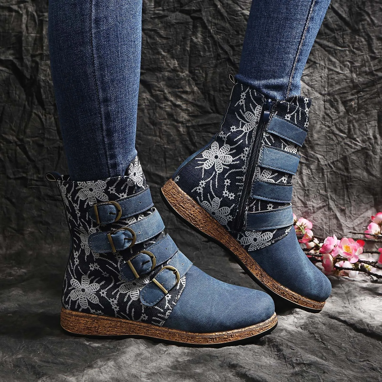 New Women Denim Boots Retro Printed Metal Buckle Soft Bottom Zipper Ankle Boots Ladies Shoes Fashion Comfort Botines Mujer 2023