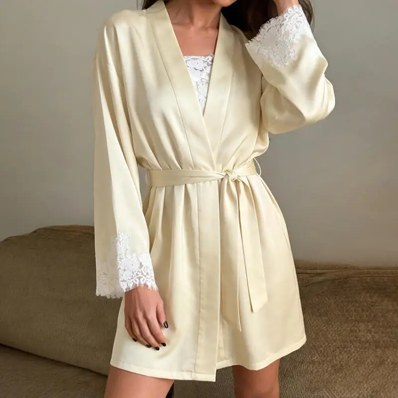 Women Solid Color Splicing Lace Robe Sexy Satin Homewear Kimono Loose Gown Casual Belt Nightgown Newest Autumn Dressing Gown