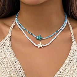 KunJoe Bohemian Mixed Color Rice Beads Starfish Pendant Necklace Set for Women Men Fashion Beach Choker Clavicle Chain Jewelry