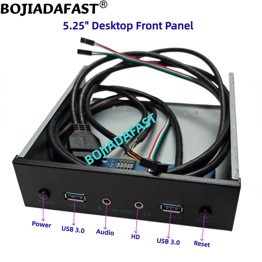 

5,25-дюймовая передняя панель для настольного ПК с двумя портами USB 3.0 Type-A, портом для аудио и микрофона 3,5 мм, кнопкой питания и кнопкой сброса для компьютерного корпуса