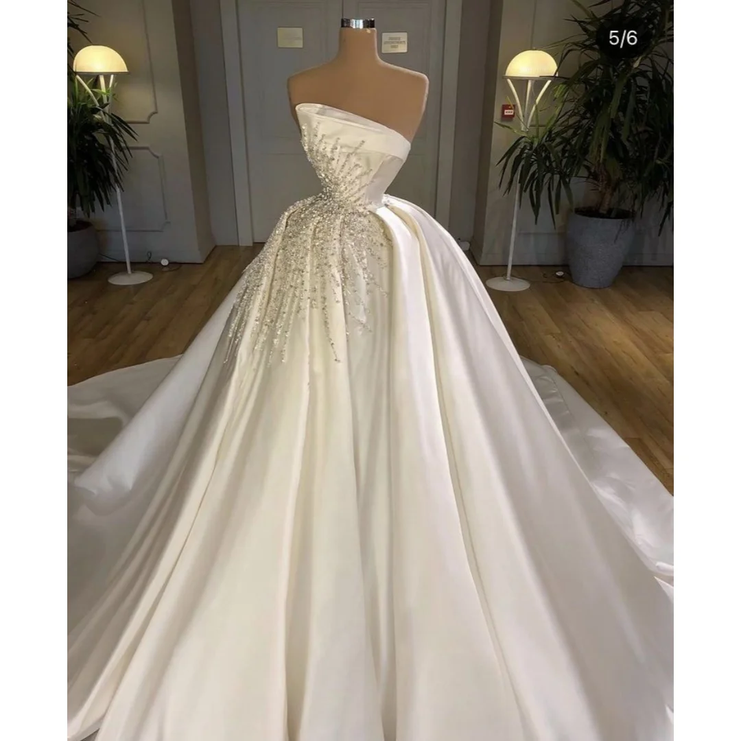

Custom Vestido De Novia Strapless Satin Ball Gown Wedding Dress Starburst Beaded Bodice Chapel Train Luxury Princess Bridal Gown
