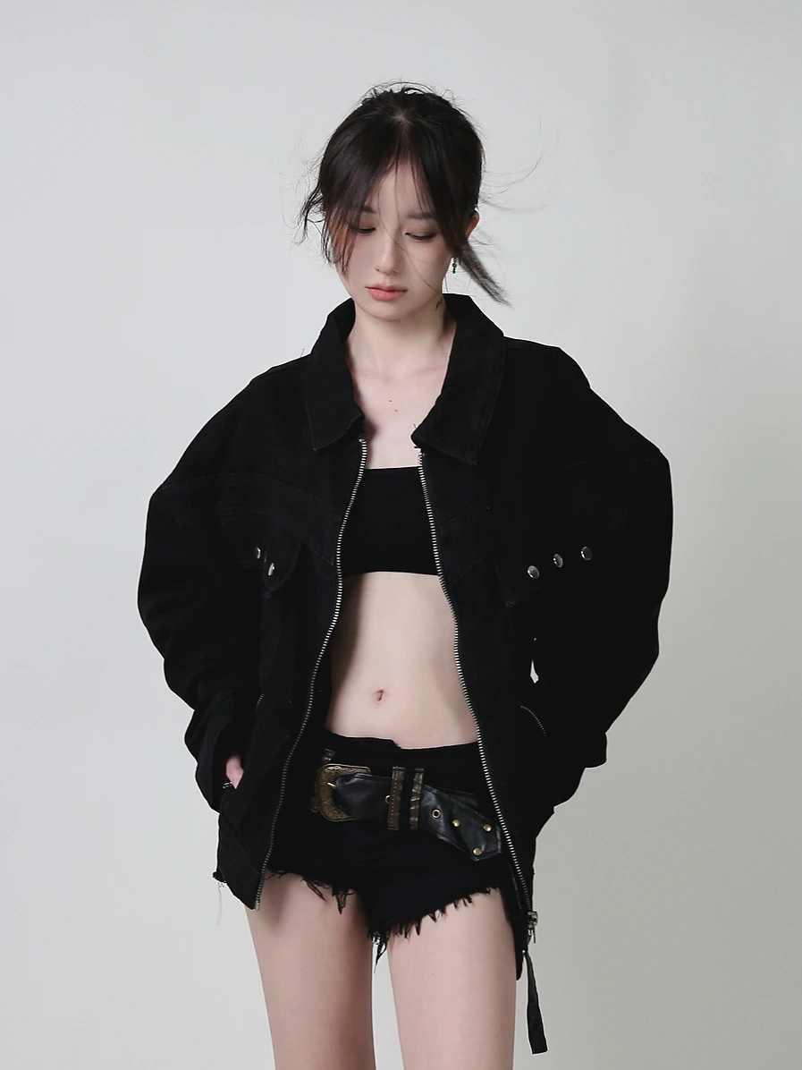 

Женская джинсовая куртка свободного кроя, повседневная, черная, весна-осень, корейский стиль, короткое пальто, повседневная одежда, удобная, из смесового хлопка