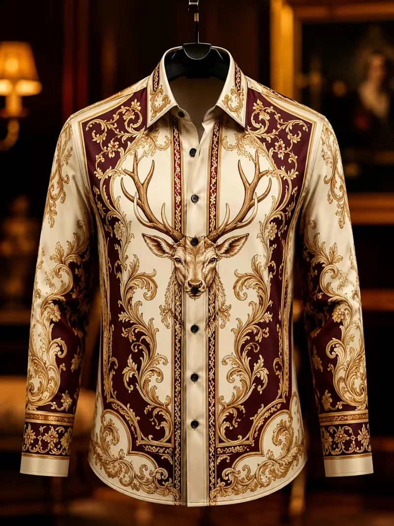 New men's gilded elk Baroque vine symmetrical vertical stripe printed long sleeved shirt with satin collar top