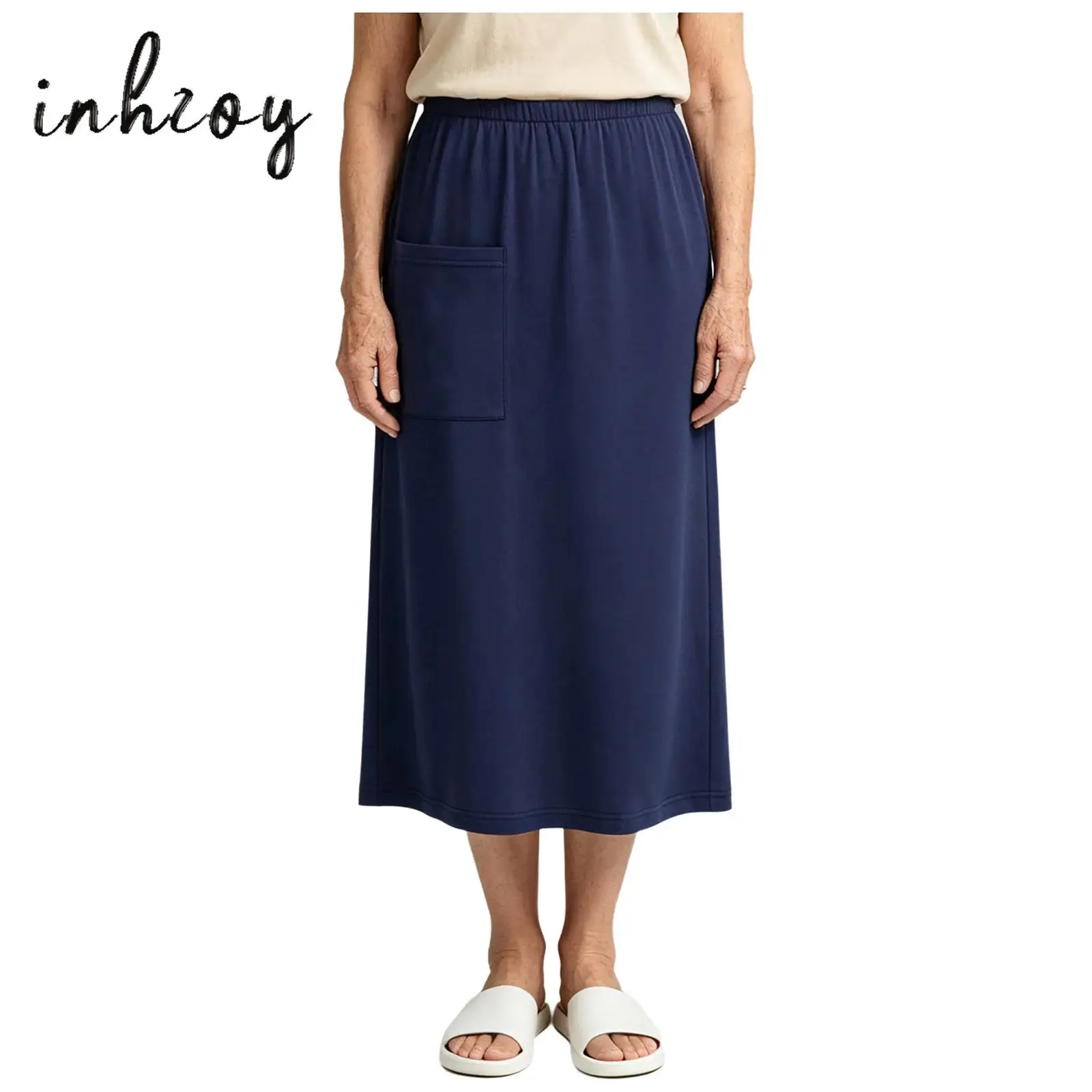 Women Adaptive Skirt Adjustable Press Buttons Elastic Waist A-Line Wrap Skirt with Pocket for Surgery Recovery Medical Access